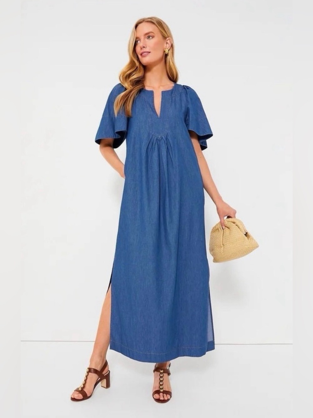 NWT Tuckernuck Pomander Place Finley Chambray Maxi Dress Flutter Sleeve M